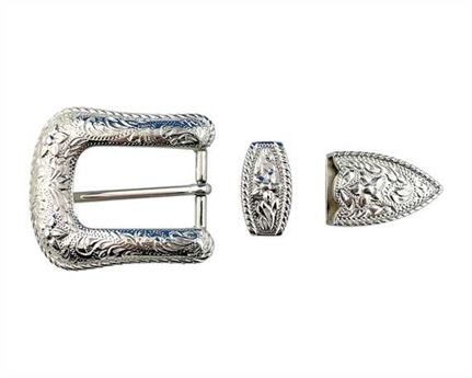 BUCKLE 3 PC BELT SET SILVER PLATE FINISH 25MM
