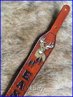 100%Genuine Leather Rifle or Shotgun sling with Embossed Deer and Name