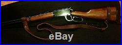 2 Leather Rifle Sling For A Marlin 3030 NO DRILL SLING Brown With Blue Hardware