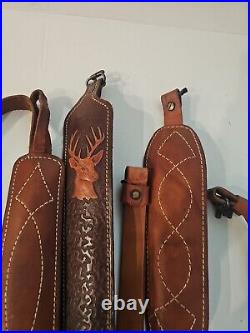 3 Leather Rifle Slings, Deer on sling, Hand Tooled, Two Of Them Are Plain, 9/36