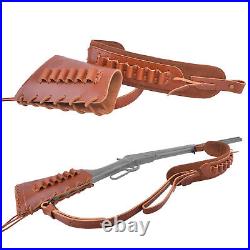 Adjustable Leather Rifle Sling Strap, Rifle Recoil Pad Buttstock Ammo Holder Set