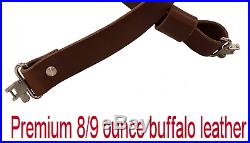 Adjustable Slider Buckle Rifle Sling Brown Buffalo Leather with Silver Hardware