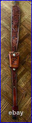 Alfonsos Tooled Leather Rifle Sling with Magnum Cartridge Holder