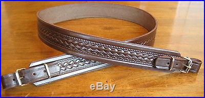 BROWN LEATHER SHOTGUN RIFLE SLING / Basketweave Design/ Embossed Leather