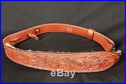 Bianchi Cobra Rifle Sling, Fur Lined Tooled Brown Leather & Quick Detach Swivels