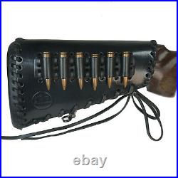 Black Leather Rifle Buttstock Cover with Gun Sling Ammo Shell Holder, Handmade