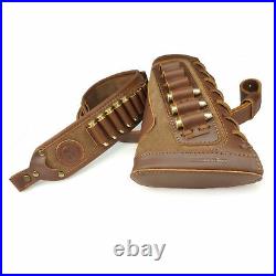 Brown Leather Gun Shell Holder Buttstock and Rifle Sling for. 30-06.30-30.45-70