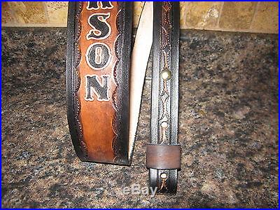 CUSTOM HAND-TOOLED GENUINE LEATHER RIFLE SLING WITH NAME BROWN & BLACK