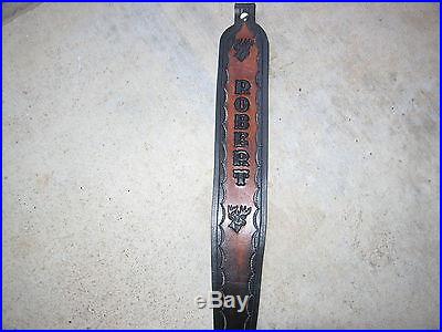CUSTOM MADE HAND-TOOLED LEATHER RIFLE SLING WITH NAME AND DEERHEAD
