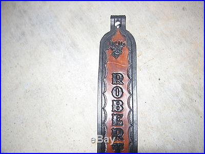 CUSTOM MADE HAND-TOOLED LEATHER RIFLE SLING WITH NAME AND DEERHEAD
