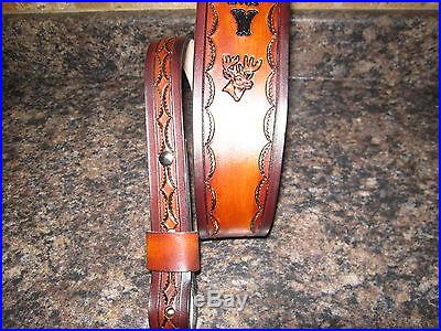 CUSTOM MADE HAND-TOOLED LEATHER RIFLE SLING WITH NAME AND DEERHEAD TAN & BROWN