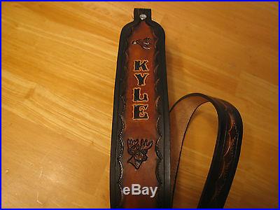 CUSTOM MADE LEATHER RIFLE SLING WITH YOUR NAME/ DUCK AND DEERHEAD BROWN & BLACK