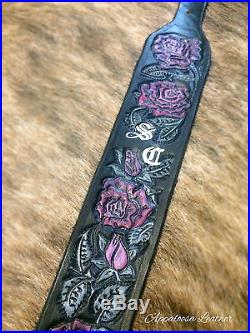 Custom Leather Gun Sling Pink and Purple Roses Rifle Sling Muddy Girl Handmade