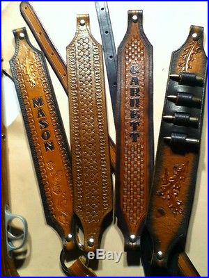 Custom Stamp Tooled Leather Rifle Gun Sling, NAME, choice of color basket weave