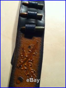 Custom Stamp Tooled Leather Rifle Gun Sling, with adjustable AMMO holder oak lea