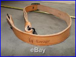 Factory Savage Indian head logo 1 leather rifle sling and blue steel QD swivels