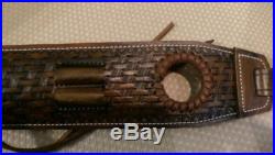 HUNTER PADDED BROWN LEATHER RIFLE SLING with Deer Skull and thumb hole