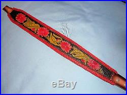 Hand Tooled Leather Padded Rifle Sling Adjustable Length 4 Red Flowers-Greenery