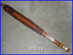 Hand Tooled Leather Padded Rifle Sling Adjustable Length Elk-Antlers-Basket Weav