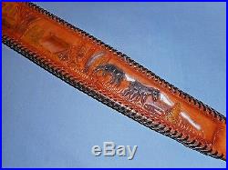 Hand Tooled Leather Padded Rifle Sling Adjustable Length Elk-Horses-Man-Pheasant