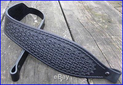 Hand Tooled Rifle Sling Black Diamond Weave Pattern Padded Leather Made in USA