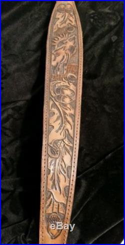 Handmade Rifle Sling Lined/Padded Hand Tooled Brown Leather Quick Detach Lugs