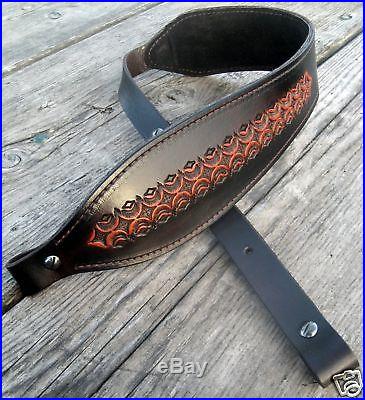 Leather Rifle Sling British Tan Hand Tooled Diamond Fire Padded Made in USA