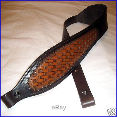 Leather Rifle Sling Hand Tooled Basket Weave Pattern Made in USA