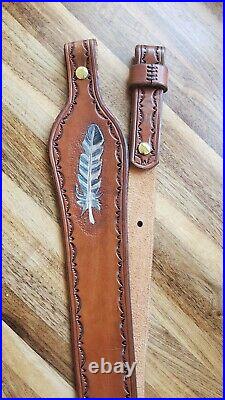 Leather Rifle Sling with Hand tooled Feather, One of a Kind