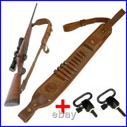 Leather Rifle Sling with Swivels Length Adjustable Shell Loops Ammo Holder Strap