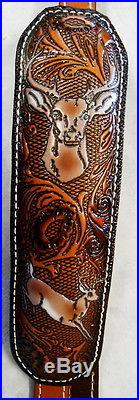 RIFLE TROPHY SLING AA&E LEATHER CRAFT BROWN PADDED WITH EMBOSSED TROPHY DEER