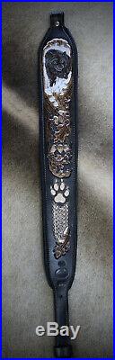 Rifle Sling, Black Leather, Hand Carved, Big Bad Wolf by Seelye Leather Works