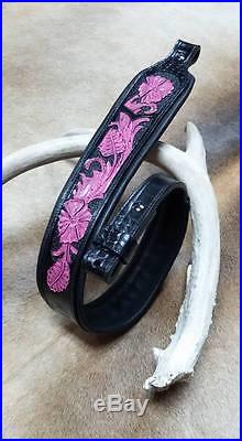 Rifle Sling, Black and Pink Leather, Hand Carved, Made in the USA, Pinky