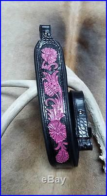 Rifle Sling, Black and Pink Leather, Hand Carved, Made in the USA, Pinky