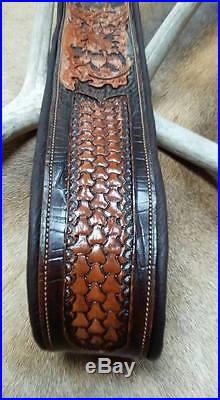 Rifle Sling, Brown Leather, Hand Carved, Made in the USA, Bison Ridge