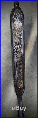 Rifle Sling, Brown Leather, Hand Carved, Prize Buck / Fall Made in the USA