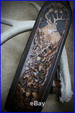 Rifle Sling, Brown Leather, Hand Carved, Prize Buck / Winter Made in the USA