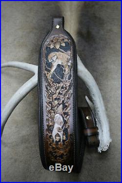 Rifle Sling, Brown Leather, Hand Carved, Up A Tree by Seelye Leather Works