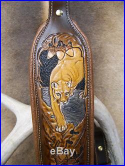 Rifle Sling, Brown Leather, Hand Carved and Tooled in USA, Mountain Lion