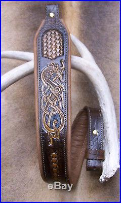 Rifle Sling, Brown Leather, Hand Tooled & Carved, Made in the USA, The Viking