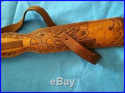 Rifle Sling, Leather, Leaping Bear Scene, Handcrafted, Padded, Adjustable