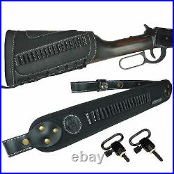 Set Leather Gun Shell Holder Buttstock with Rifle Sling for. 22 LR. 17HMR. 22MAG