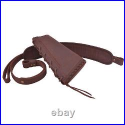 Set Of Coffee Leather Rifle Ammo Buttstock with Gun Sling. 22LR 12GA. 308.30/30