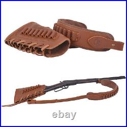 Set of Leather Rifle Buttstock with Ammo Holder Sling Strap for. 30-06.22MAG 12GA