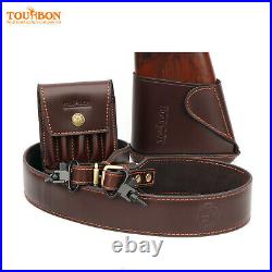 TOURBON Leather Rifle Sling Strap withSwivels Studs&Slip on Recoil Pad& Ammo Pouch