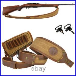 USA 1Set Leather Rifle Sling & Matching Gun Buttstock Shell Holder Khaki Canvas