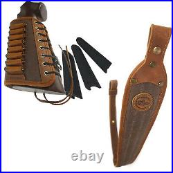 US Classic Real Leather Rifle Sling with Matched Gun Buttstock Ammo Holder