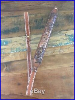 Vintage 1970's Brown Leather Rifle Sling Stamped with Buck Deer Nature Padded