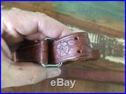Vintage Brown Leather Floral Stamped Military Type Adjustable Rifle Sling