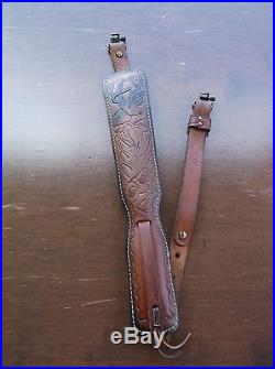 Vintage Custom HUNTER Padded Tooled Buck Acorn Leather Rifle Sling 727025 9421